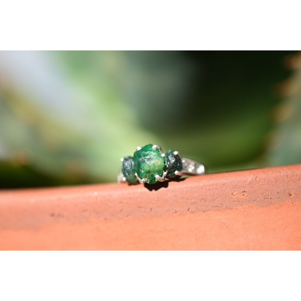 Rough Cut Emerald Engagement Ring Raw Stone Jewelry Size 3 4 5 6 7 8 9 10 11 12